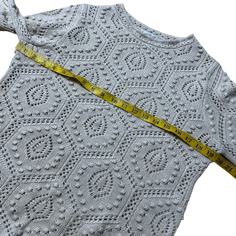 North Style Cream Textured Boho Knit Sweater Medium Long Sleeve Crochet Pullover - Picture 8 of 8
